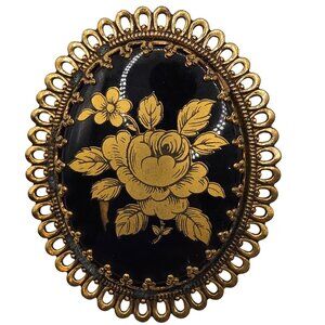 VTG Brooch Gold Tone Black Enamel Floral Cameo Antique Renaissance Granny Pin